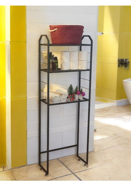 Metal Ayaklı 3 Raflı Banyo Rafı Klozet Üstü Dekoratif Raf Askılık Organizer