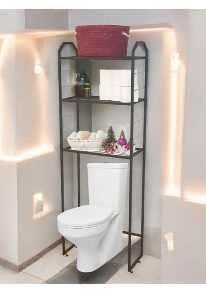 Metal Ayaklı 3 Raflı Banyo Rafı Klozet Üstü Dekoratif Raf Askılık Organizer