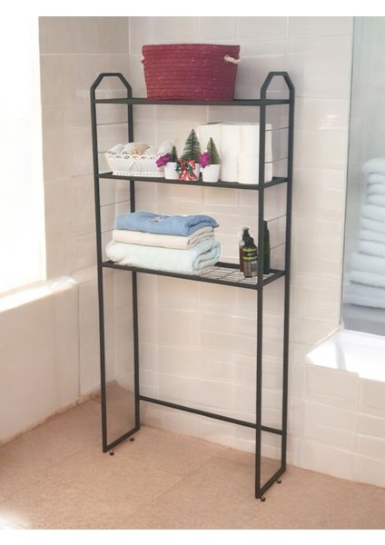 Metal Ayaklı 3 Raflı Banyo Rafı Çamaşır Makinesi Üstü Dekoratif Raf Askılık Organizer