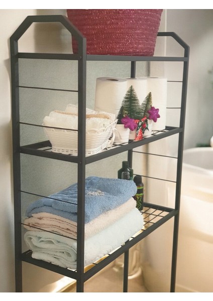 Metal Ayaklı 3 Raflı Banyo Rafı Çamaşır Makinesi Üstü Dekoratif Raf Askılık Organizer