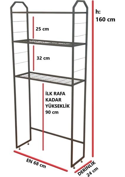 Metal Ayaklı 3 Raflı Banyo Rafı Çamaşır Makinesi Üstü Dekoratif Raf Askılık Organizer