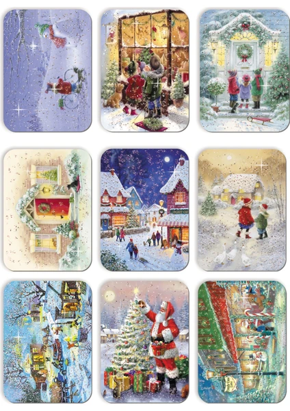 Mia Pera 9lu Simli Yılbaşı Kartpostal Seti Yeni Yıl Noel Baba Kardan Adam Kış Manzara Nostalji