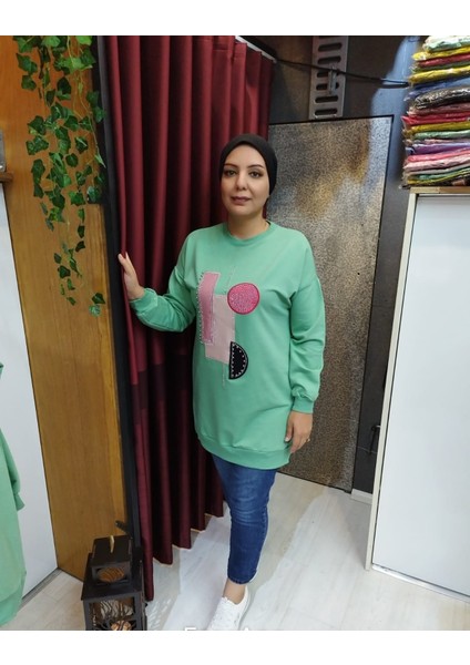 Bisiklet Yaka Uzun Sweatshirt Geometri Yeşil