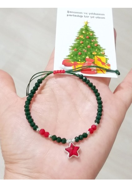 Yılbaşı Kartlı Rodyum Kaplama Yıldızlı Koyu Yeşil Kırmızı Kristal Boncuklu Yılbaşı Bileklik indirimleri