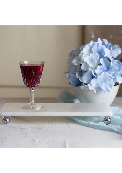 Mermer Beyaz 30X15 cm Gümüş Boncuk Ayaklı Sunum Tabağı