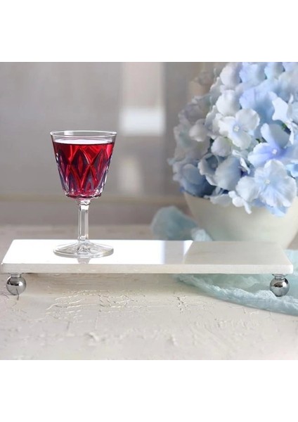Mermer Beyaz 30X15 cm Gümüş Boncuk Ayaklı Sunum Tabağı