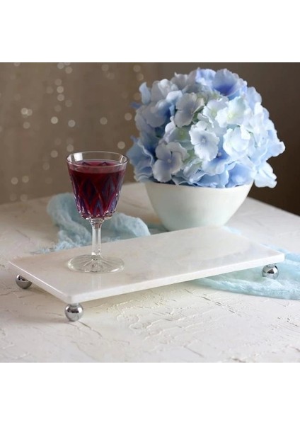 Mermer Beyaz 30X15 cm Gümüş Boncuk Ayaklı Sunum Tabağı