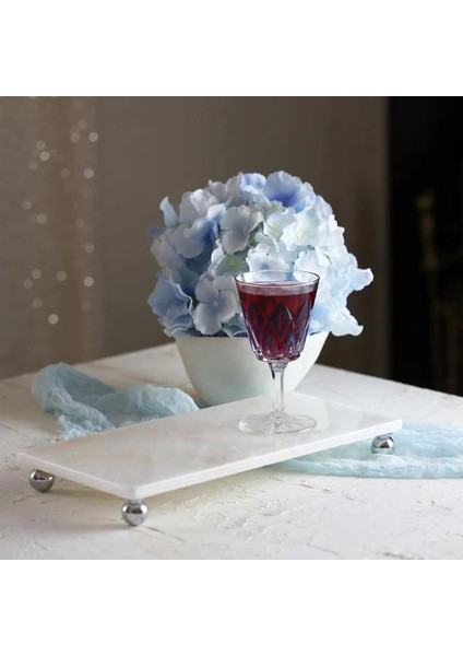 Mermer Beyaz 30X15 cm Gümüş Boncuk Ayaklı Sunum Tabağı