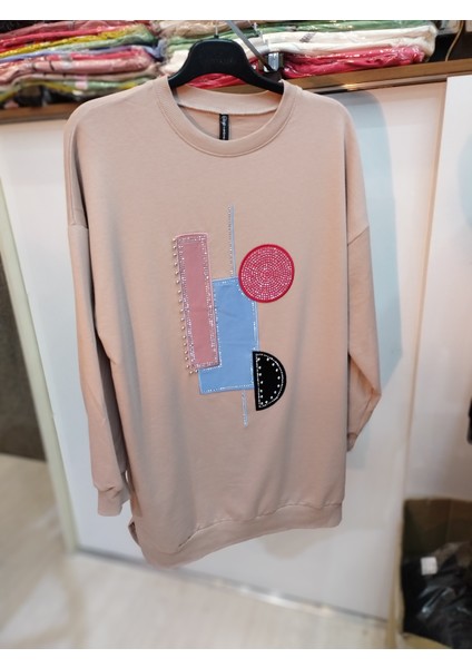 Bisiklet Yaka Uzun Sweatshirt Geometri Somon