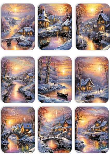 9lu Simli Yılbaşı Kartpostal Seti Yeni Yıl Kardan Adam Kış Manzara Nostalji