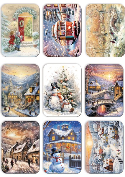 9lu Simli Yılbaşı Kartpostal Seti Yeni Yıl Kardan Adam Tramvay Kış Manzara Nostalji
