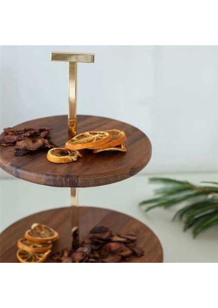 Ahşap 25 cm Altın Boncuk Ayaklı İki Katlı Sunum Tabağı