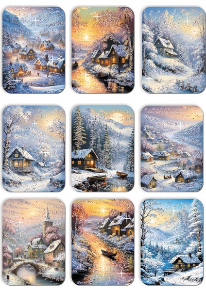 9lu Simli Yılbaşı Kartpostal Seti Yeni Yıl Kış Manzara Nostalji