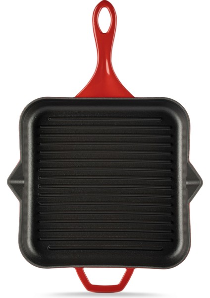 28cm Döküm Demir Kare Grill Tava Kırmızı