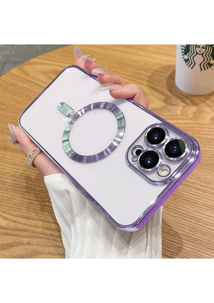 iPhone 13 Pro Max Uyumlu Kılıf Kamera Lens ve Hoparlör Toz Korumalı Kablosuz Şarj Özellikli Kenarları Renkli Arkası Şeffaf