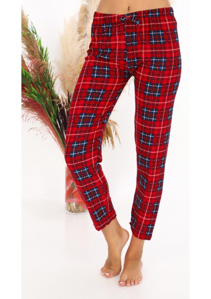 Yumuşacık Çizli Desenli Pamuklu Renkli Kurdelalı Nefes Alan Kumaş Pijama Altı Eşofman Kırmızı