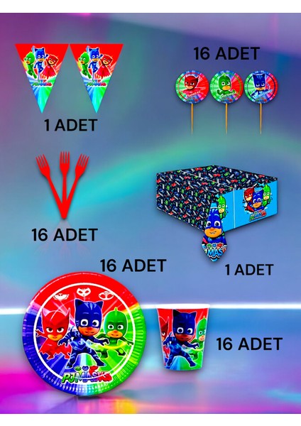 16 Kişilik Pijamask Temalı Premium Set - Doğum Günü Parti ve Eğlenceli Etkinlikler