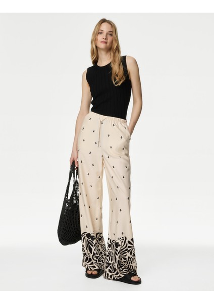 Yüksek Bel Desenli Wide Leg Pantolon