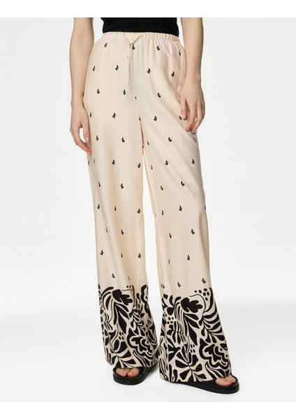 Yüksek Bel Desenli Wide Leg Pantolon