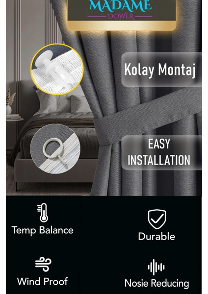 Deste Antrasit Çift Taraflı Keten Fon ve Karartma Perde Pilesiz - Işık Geçirmez Güneşlik, Kolay Montaj fırsatları