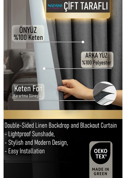 Deste Antrasit Çift Taraflı Keten Fon ve Karartma Perde Pilesiz - Işık Geçirmez Güneşlik, Kolay Montaj indirimleri