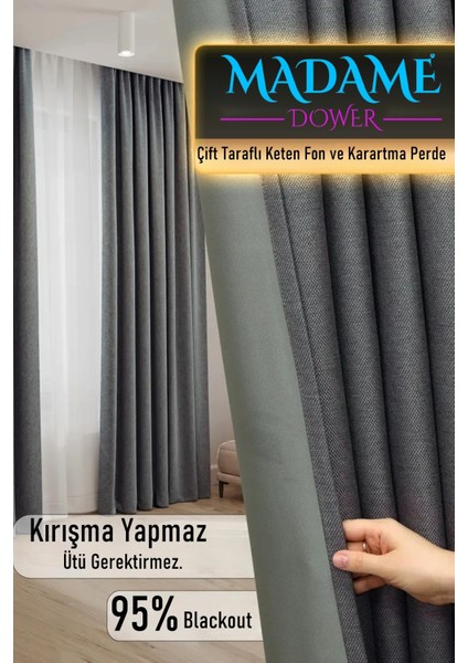 Deste Antrasit Çift Taraflı Keten Fon ve Karartma Perde Pilesiz - Işık Geçirmez Güneşlik, Kolay Montaj