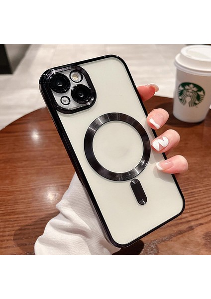 iPhone 14 Plus Uyumlu Kılıf Kamera Lens ve Hoparlör Toz Korumalı Kablosuz Şarj Özellikli Kenarları Renkli Arkası Şeffaf
