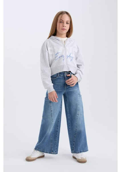 Kız Çocuk Baskılı Kapüşonlu İçi Yumuşak Tüylü Fermuarlı Sweatshirt D1569A824WN