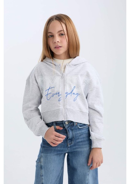Kız Çocuk Baskılı Kapüşonlu İçi Yumuşak Tüylü Fermuarlı Sweatshirt D1569A824WN