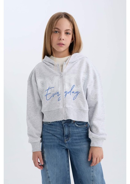 Kız Çocuk Baskılı Kapüşonlu İçi Yumuşak Tüylü Fermuarlı Sweatshirt D1569A824WN