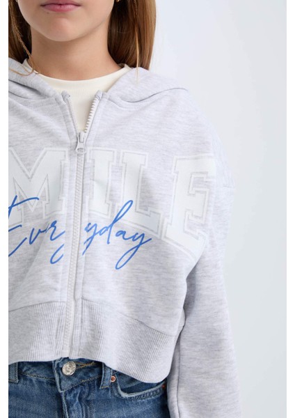 Kız Çocuk Baskılı Kapüşonlu İçi Yumuşak Tüylü Fermuarlı Sweatshirt D1569A824WN
