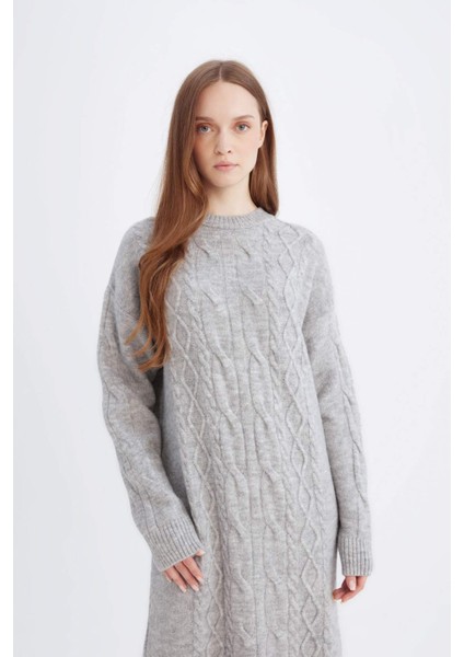 Regular Fit Bisiklet Yaka Saç Örgü Desenli Basic Düz Uzun Kollu Midi Triko Elbise Y2073AZ24WN