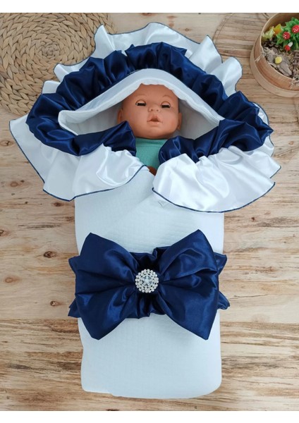 Yeni Bby Yenidoğan Mehtap Lüks Kelebek Nakışlı Bebek Battaniyesi Kundak Lacivert