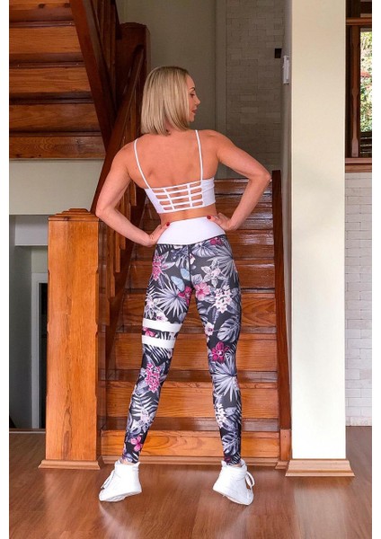 Beli ve Bacağı Beyaz Detaylı Çiçekli Spor Tayt fırsatları