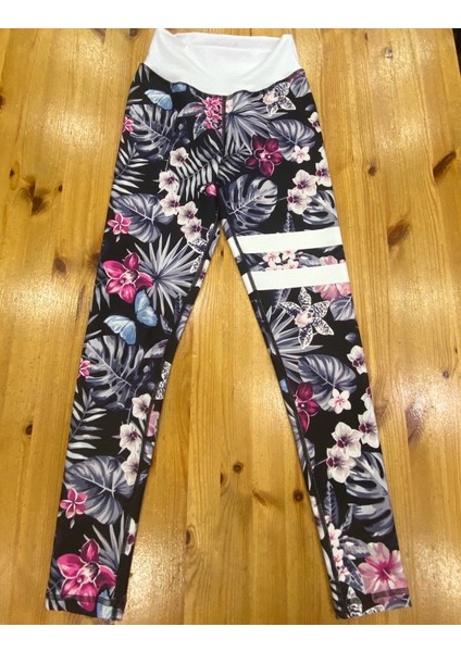 Beli ve Bacağı Beyaz Detaylı Çiçekli Spor Tayt indirimleri