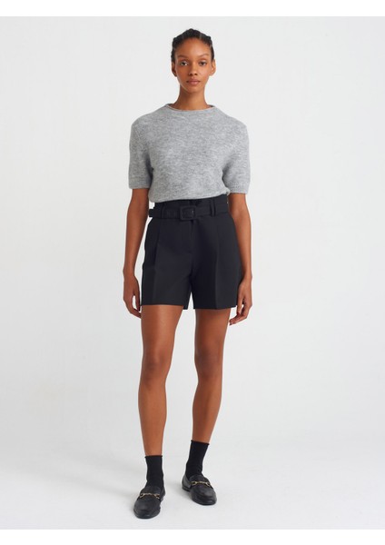 71574 Kemerli Pensli Şort-Siyah
