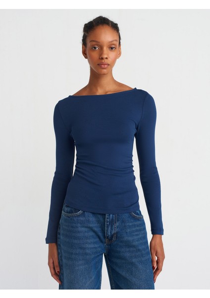 31401 Büzgülü Kayık Yaka Top-Lacivert