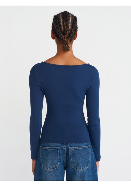 31401 Büzgülü Kayık Yaka Top-Lacivert fiyatları