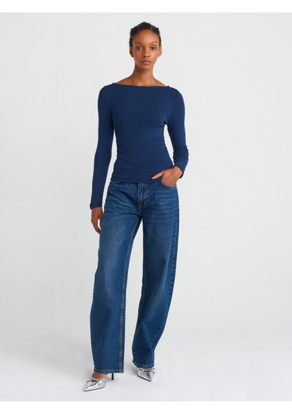 31401 Büzgülü Kayık Yaka Top-Lacivert modelleri