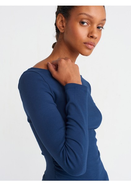 31401 Büzgülü Kayık Yaka Top-Lacivert fırsatları