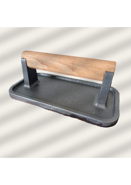 Döküm Demir Et Mühürleme, Piknik Tost ve Burger Pres Aparatı, Ahşap Saplı Seasoning (Yağlama) Işlemi Yapılmış, 10,5*20 cm