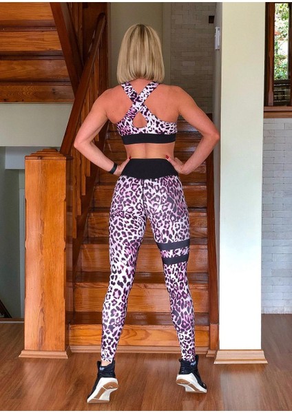 Mor Siyah Beyaz Leopar Desen Spor Tayt modelleri