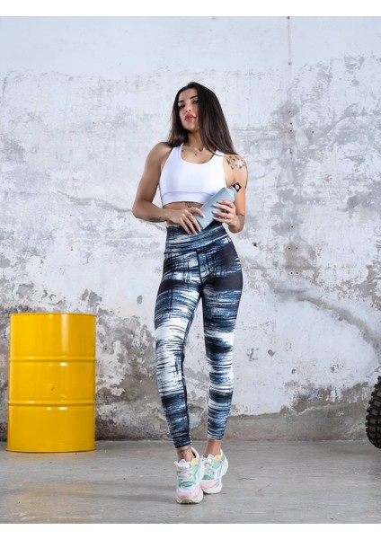 Indigo ve Beyaz Desenli Spor Tayt