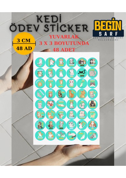 Ödev Sticker Kedi Etiketi Öğretmen Harika Süper Sticker 3 cm 48 Adet
