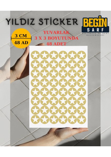 Yıldız Sticker Etiket 3 cm 48 Adet Gold