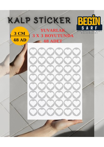 Kalp Sticker Etiket 3 cm 48 Adet Silver