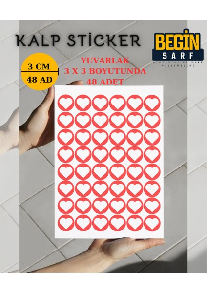 Kalp Sticker Etiket 3 cm 48 Adet Kırmızı