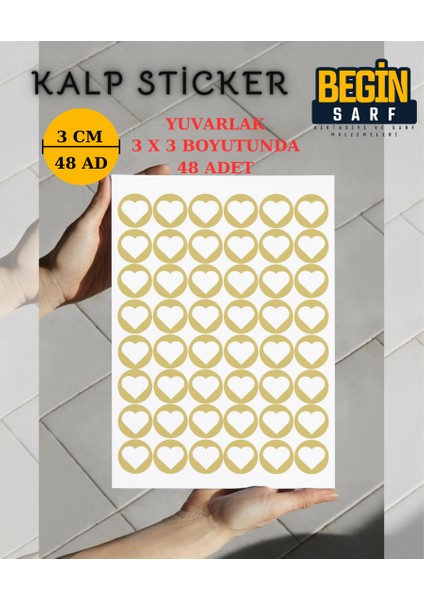 Kalp Sticker Etiket 3 cm 48 Adet Gold