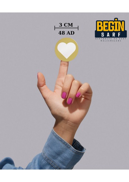 Kalp Sticker Etiket 3 cm 48 Adet Gold