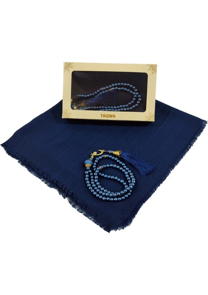 Mevlit Hediyesi Flamlı Yazma Set Hediyelik Eşarp 100X100CM Dağıtmalık-Inci 99 Tesbih Hediyeli-Lacivert
